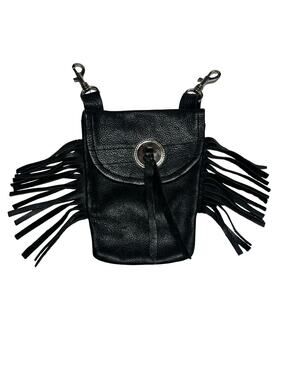 Vintage Black Leather Western Festival Boho Fringe Concho Belt Hip Clip Bag